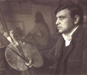 Fotografía del pintor Calvo Delgado en su estudio.