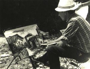 Pintor Calvo Delgado pintando en Galdácano (Vizcaya) en 1965